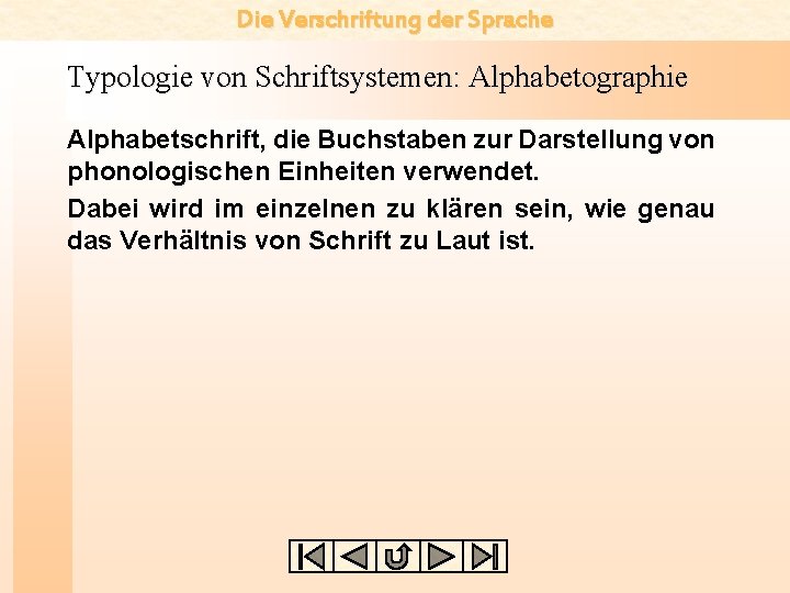 Die Verschriftung der Sprache Typologie von Schriftsystemen: Alphabetographie Alphabetschrift, die Buchstaben zur Darstellung von