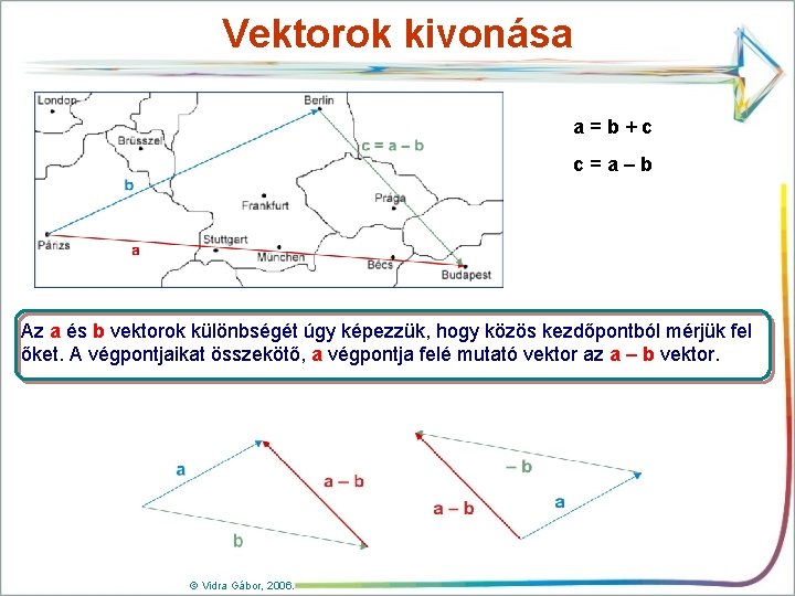 Vektorok kivonása a=b+c c=a–b Az a és b vektorok különbségét úgy képezzük, hogy közös Vektorok kivonása a=b+c c=a–b Az a és b vektorok különbségét úgy képezzük, hogy közös
