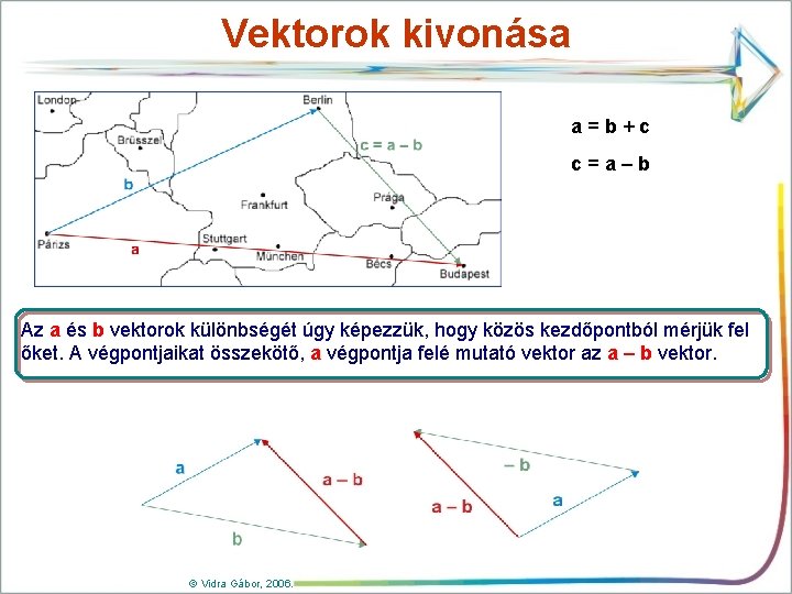 Vektorok kivonása a=b+c c=a–b Az a és b vektorok különbségét úgy képezzük, hogy közös