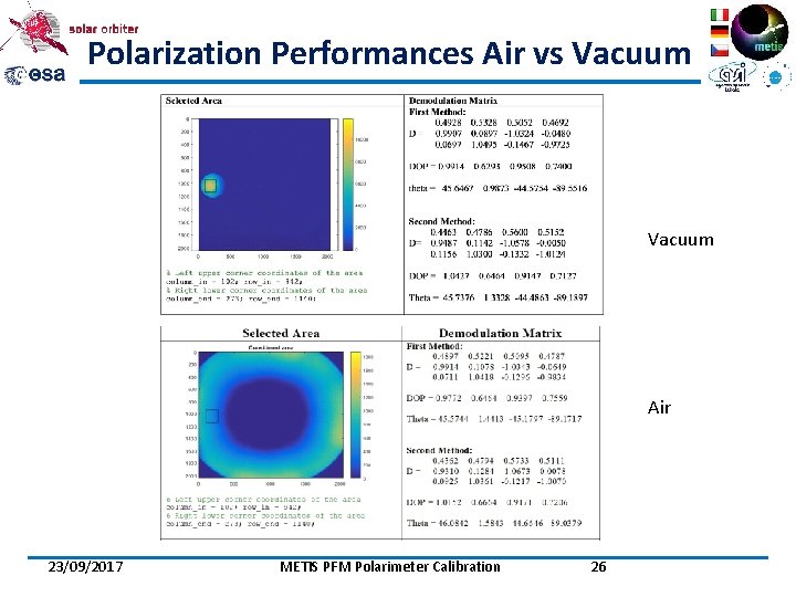 Polarization Performances Air vs Vacuum Air 23/09/2017 METIS PFM Polarimeter Calibration 26 