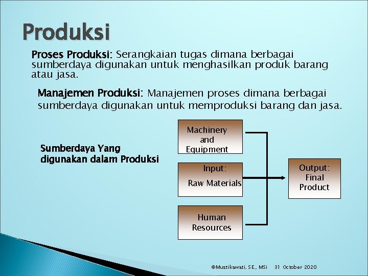 Produksi Proses Produksi: Serangkaian tugas dimana berbagai sumberdaya digunakan untuk menghasilkan produk barang atau