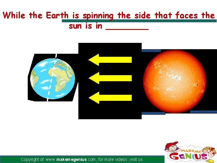 While the Earth is spinning the side that faces the sun is in ____