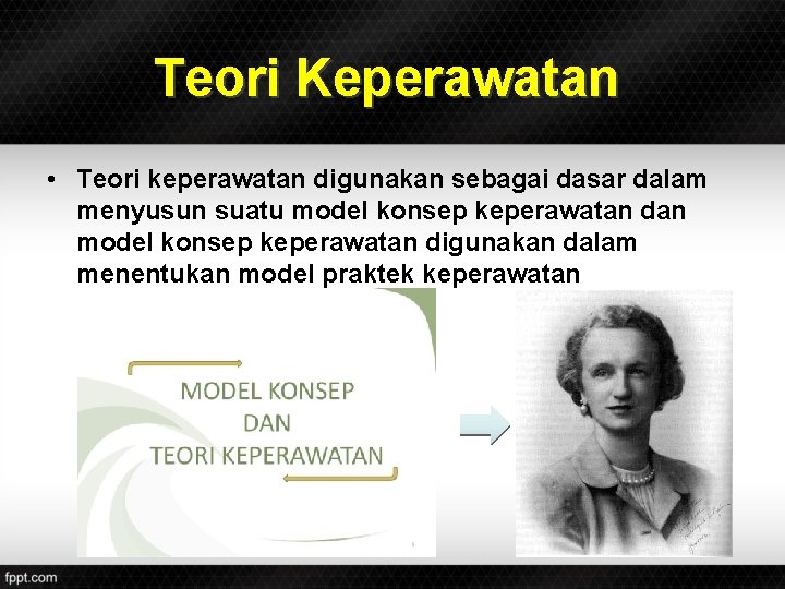 Teori Keperawatan • Teori keperawatan digunakan sebagai dasar dalam menyusun suatu model konsep keperawatan