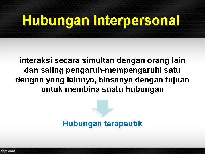 Hubungan Interpersonal interaksi secara simultan dengan orang lain dan saling pengaruh-mempengaruhi satu dengan yang