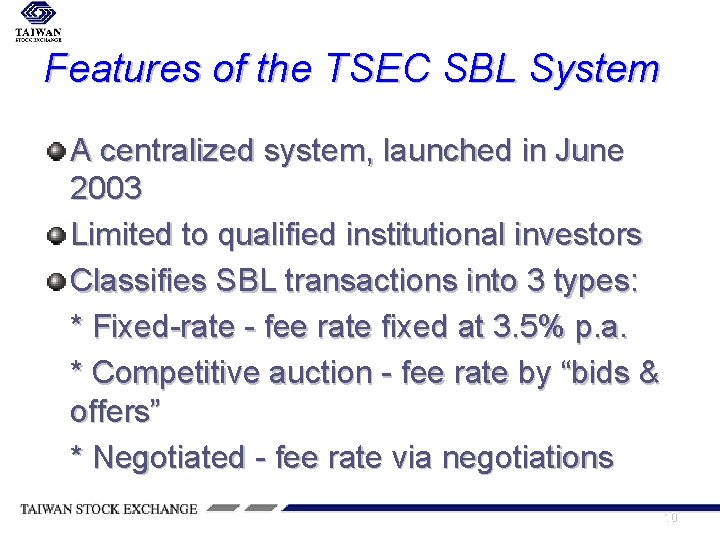 Features of the TSEC SBL System A centralized system, launched in June 2003 Limited