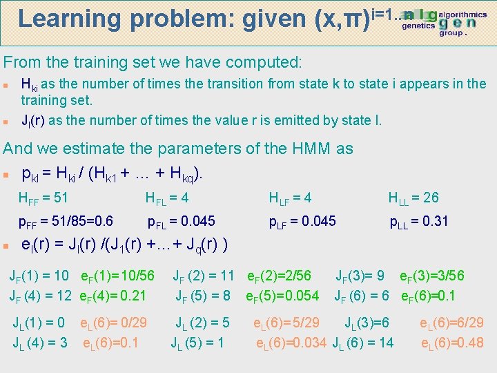 Learning problem: given (x, π)i=1. . n From the training set we have computed: