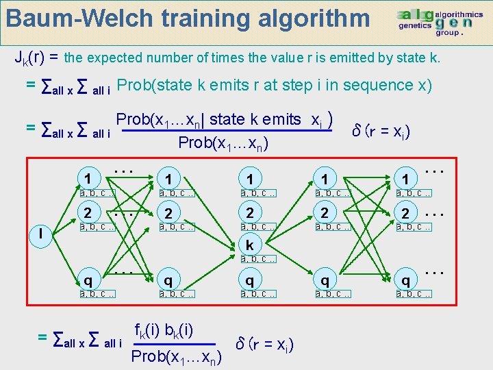 Baum-Welch training algorithm Jk(r) = the expected number of times the value r is