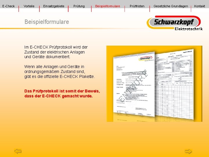 E-Check Vorteile Einsatzgebiete Prüfung Beispielformulare Im E-CHECK Prüfprotokoll wird der Zustand der elektrischen Anlagen