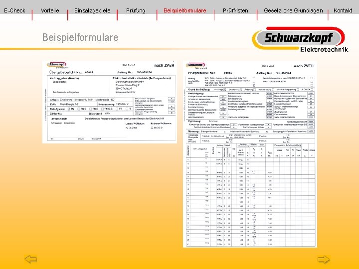 E-Check Vorteile Einsatzgebiete Beispielformulare Prüfung Beispielformulare Prüffristen Gesetzliche Grundlagen Kontakt 