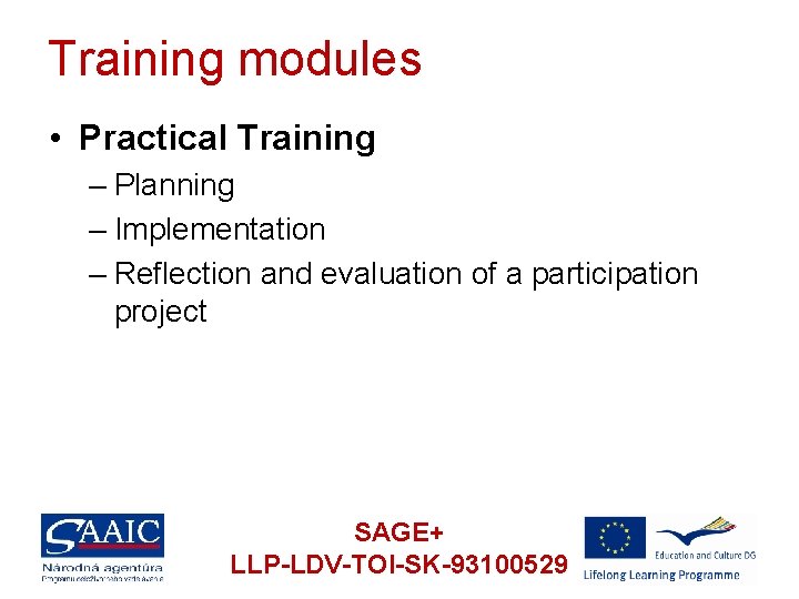 Training modules • Practical Training – Planning – Implementation – Reflection and evaluation of