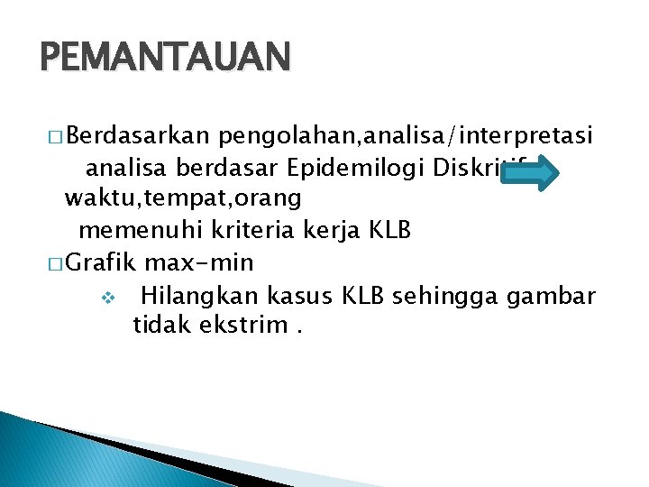 PEMANTAUAN � Berdasarkan pengolahan, analisa/interpretasi analisa berdasar Epidemilogi Diskritif: waktu, tempat, orang memenuhi kriteria