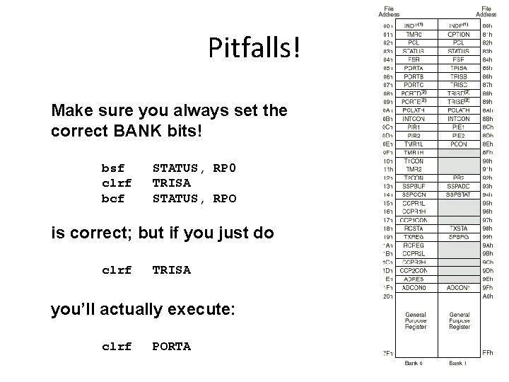 Pitfalls! Make sure you always set the correct BANK bits! bsf clrf bcf STATUS,