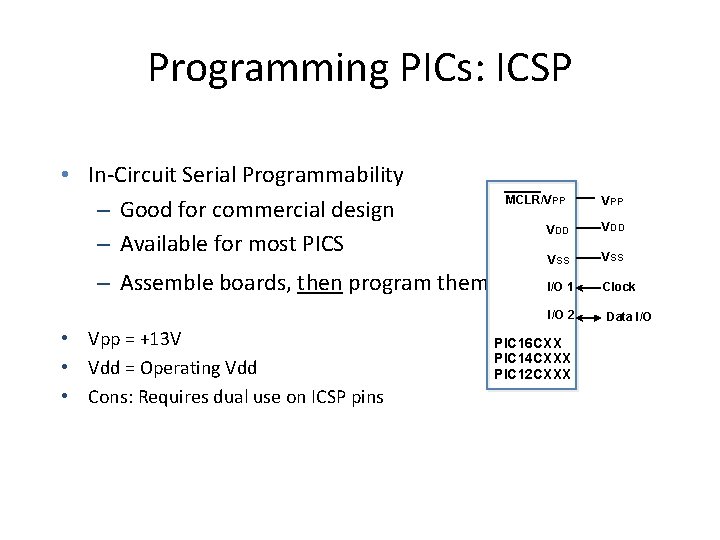 Programming PICs: ICSP • In-Circuit Serial Programmability – Good for commercial design – Available