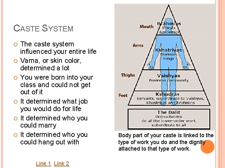 CASTE SYSTEM The caste system influenced your entire life Varna, or skin color, determined