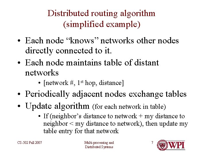 Distributed routing algorithm (simplified example) • Each node “knows” networks other nodes directly connected