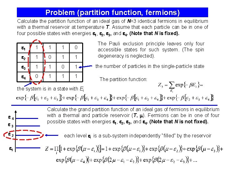 Problem (partition function, fermions) Calculate the partition function of an ideal gas of N=3