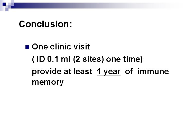 Conclusion: n One clinic visit ( ID 0. 1 ml (2 sites) one time)