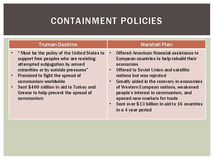 CONTAINMENT POLICIES Truman Doctrine • • • “ Must be the policy of the