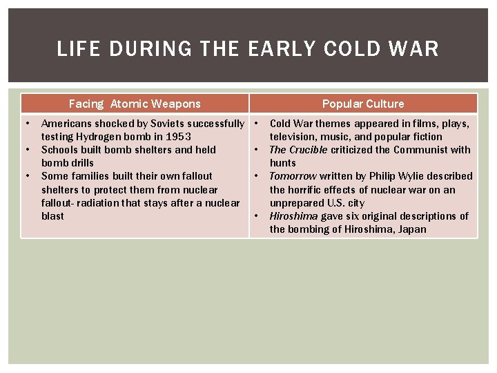 LIFE DURING THE EARLY COLD WAR Facing Atomic Weapons • • • Americans shocked