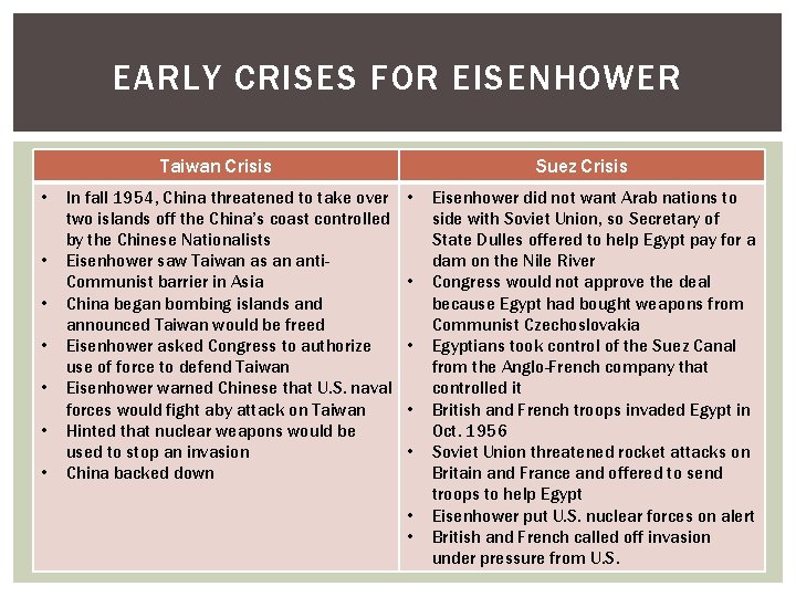 EARLY CRISES FOR EISENHOWER Taiwan Crisis • • In fall 1954, China threatened to