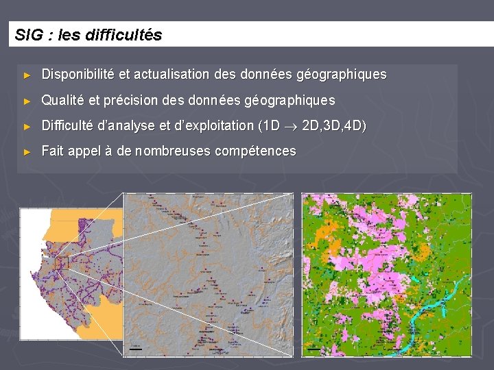 SIG : les difficultés ► Disponibilité et actualisation des données géographiques ► Qualité et