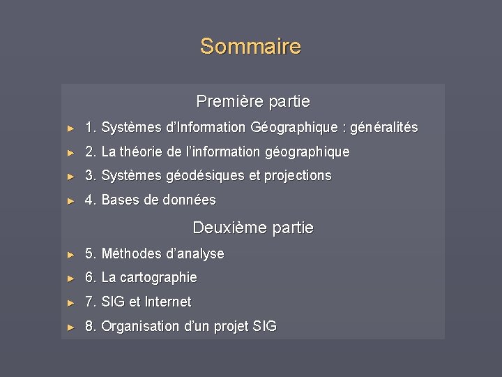 Sommaire Première partie ► 1. Systèmes d’Information Géographique : généralités ► 2. La théorie