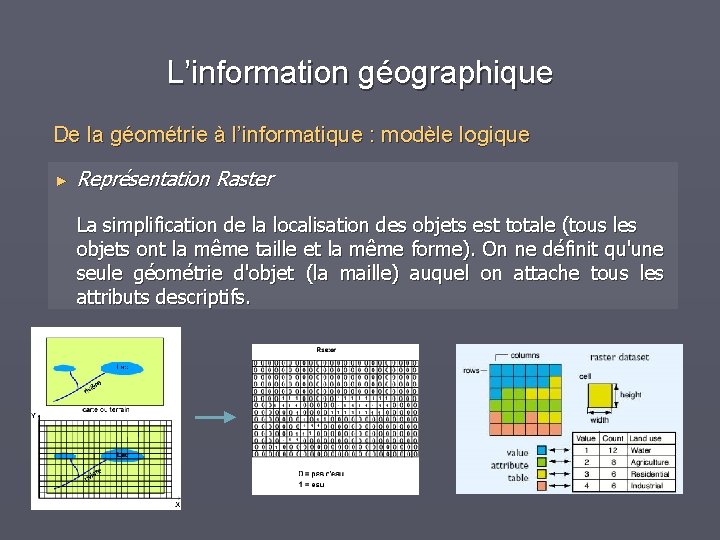 L’information géographique De la géométrie à l’informatique : modèle logique ► Représentation Raster La