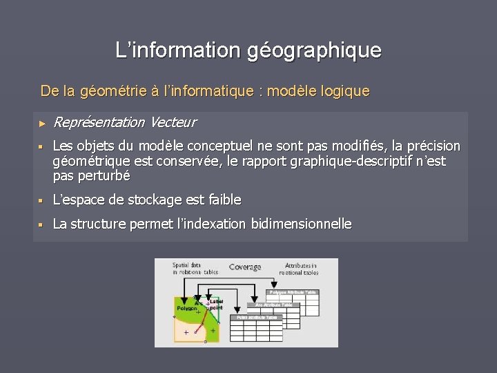 L’information géographique De la géométrie à l’informatique : modèle logique ► Représentation Vecteur §
