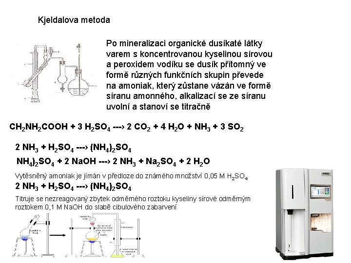 Kjeldalova metoda Po mineralizaci organické dusíkaté látky varem s koncentrovanou kyselinou sírovou a peroxidem