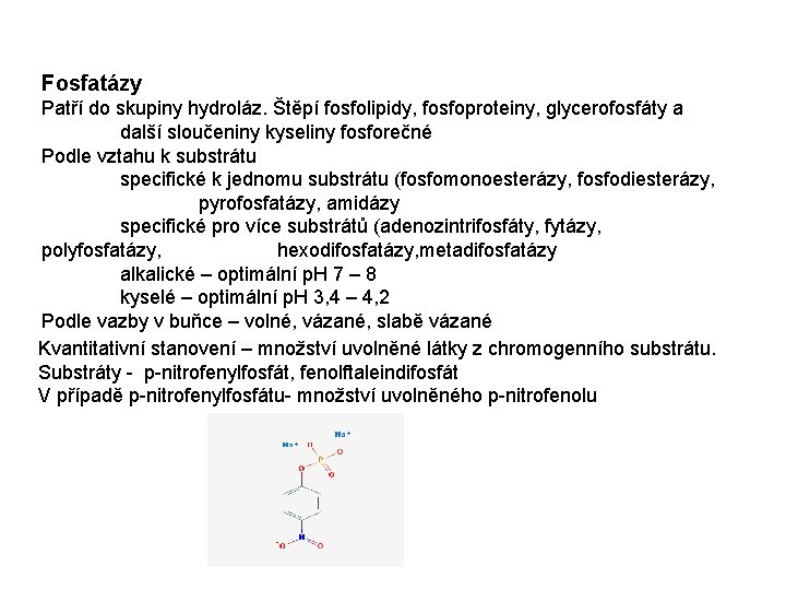 Fosfatázy Patří do skupiny hydroláz. Štěpí fosfolipidy, fosfoproteiny, glycerofosfáty a další sloučeniny kyseliny fosforečné