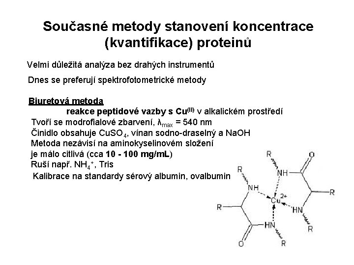 Současné metody stanovení koncentrace (kvantifikace) proteinů Velmi důležitá analýza bez drahých instrumentů Dnes se