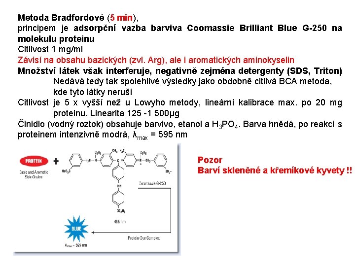 Metoda Bradfordové (5 min), principem je adsorpční vazba barviva Coomassie Brilliant Blue G-250 na