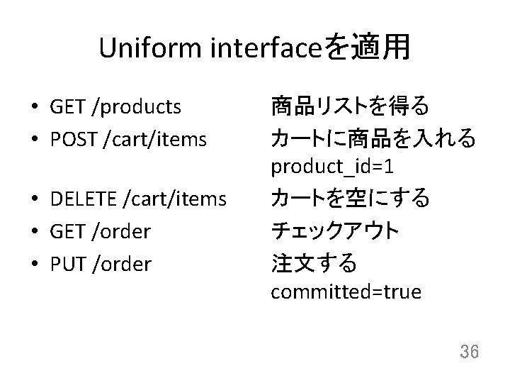 Uniform interfaceを適用 • GET /products • POST /cart/items • DELETE /cart/items • GET /order