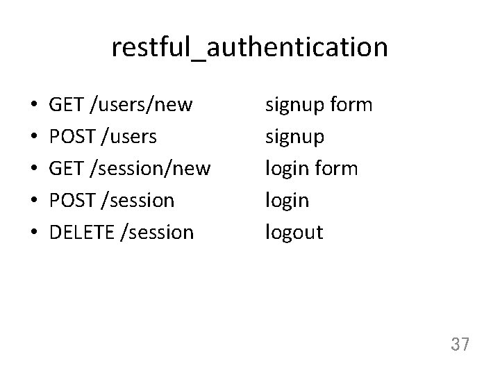 restful_authentication • • • GET /users/new POST /users GET /session/new POST /session DELETE /session