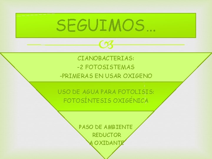 SEGUIMOS… CIANOBACTERIAS: -2 FOTOSISTEMAS -PRIMERAS EN USAR OXIGENO USO DE AGUA PARA FOTOLISIS: FOTOSÍNTESIS