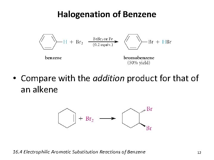 Halogenation of Benzene • Compare with the addition product for that of an alkene