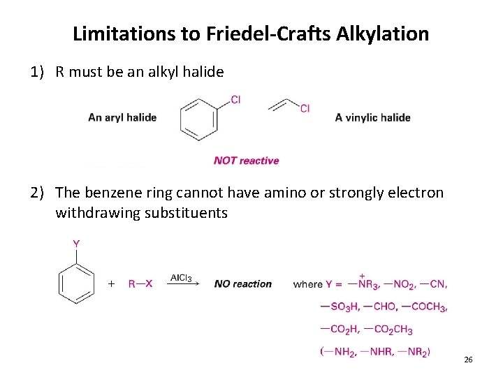 Limitations to Friedel-Crafts Alkylation 1) R must be an alkyl halide 2) The benzene