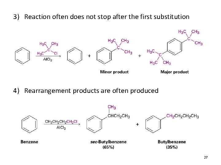 3) Reaction often does not stop after the first substitution 4) Rearrangement products are