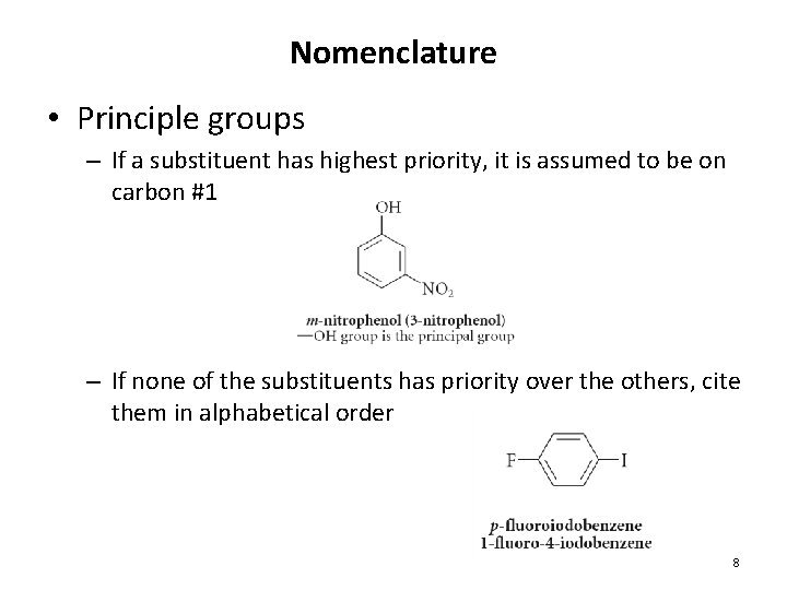 Nomenclature • Principle groups – If a substituent has highest priority, it is assumed