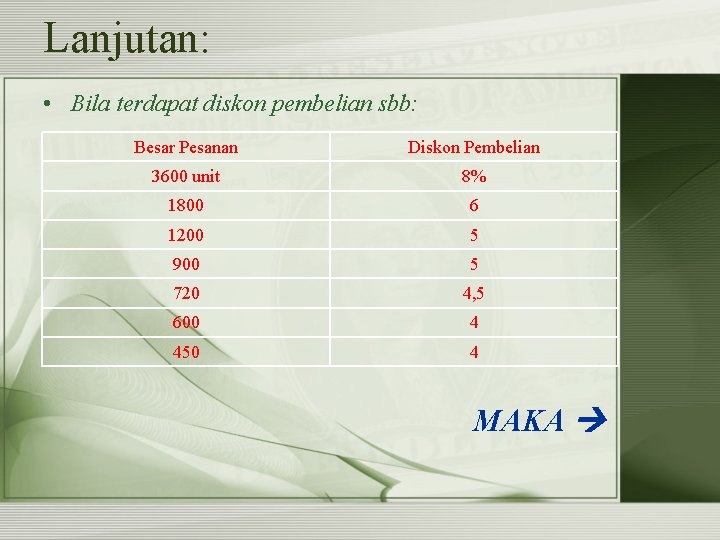 Lanjutan: • Bila terdapat diskon pembelian sbb: Besar Pesanan Diskon Pembelian 3600 unit 8%