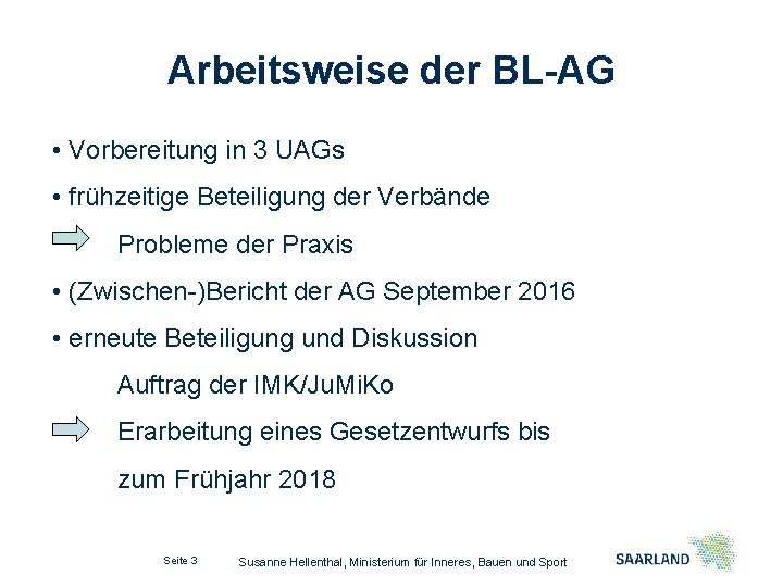 Arbeitsweise der BL-AG • Vorbereitung in 3 UAGs • frühzeitige Beteiligung der Verbände Probleme