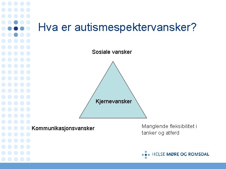 Hva er autismespektervansker? Sosiale vansker Kjernevansker Kommunikasjonsvansker Manglende fleksibilitet i tanker og atferd 