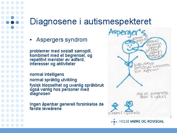 Diagnosene i autismespekteret • Aspergers syndrom problemer med sosialt samspill, kombinert med et begrenset,