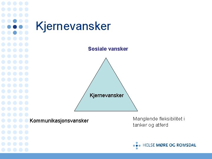 Kjernevansker Sosiale vansker Kjernevansker Kommunikasjonsvansker Manglende fleksibilitet i tanker og atferd 