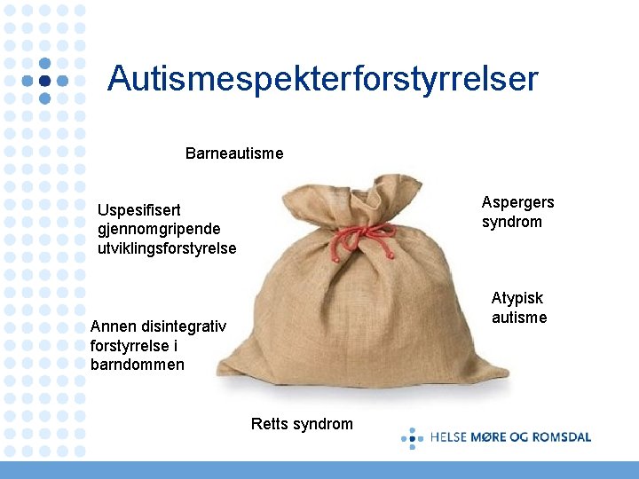 Autismespekterforstyrrelser Barneautisme Aspergers syndrom Uspesifisert gjennomgripende utviklingsforstyrelse Atypisk autisme Annen disintegrativ forstyrrelse i barndommen