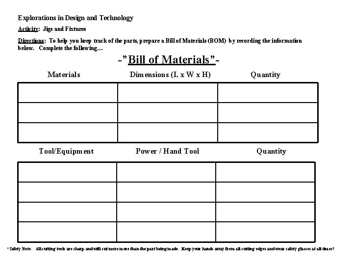 Explorations in Design and Technology Activity: Jigs and Fixtures Directions: To help you keep