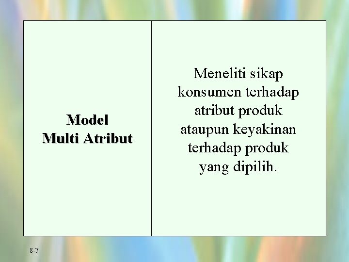 Model Multi Atribut 8 -7 Meneliti sikap konsumen terhadap atribut produk ataupun keyakinan terhadap