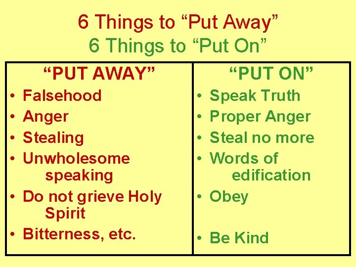 6 Things to “Put Away” 6 Things to “Put On” “PUT AWAY” • •