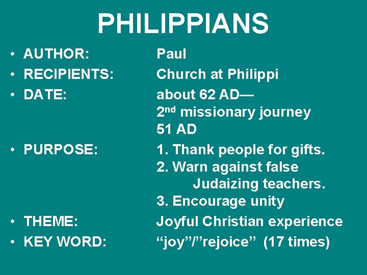 PHILIPPIANS • AUTHOR: • RECIPIENTS: • DATE: • PURPOSE: • THEME: • KEY WORD: