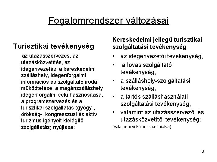 Fogalomrendszer változásai Turisztikai tevékenység az utazásszervezés, az utazásközvetítés, az idegenvezetés, a kereskedelmi szálláshely, idegenforgalmi